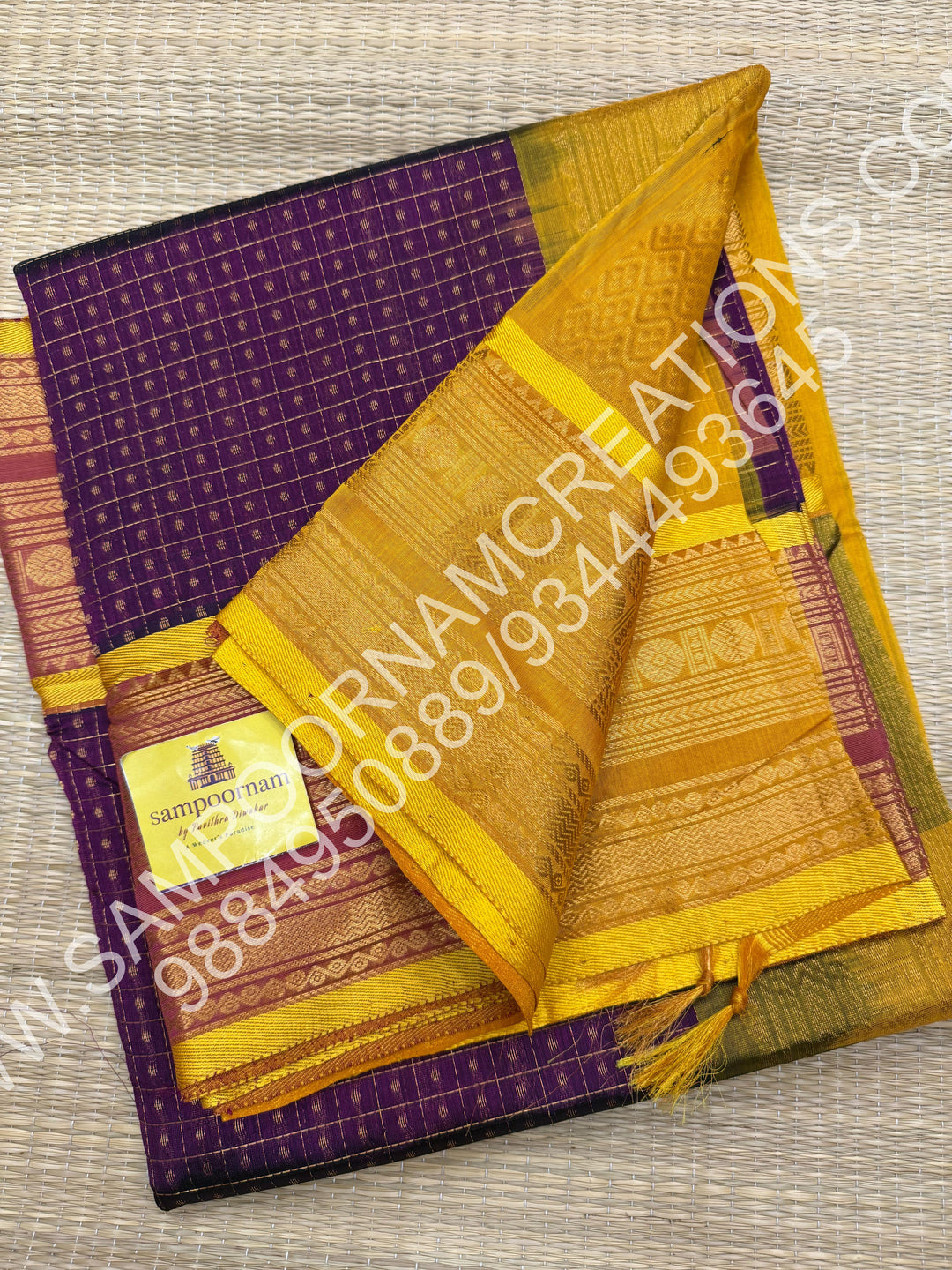 Dark Wine colour with Yellow, Rich Traditional Borders and Lakshadeepam Zari Buttas all over the Body and Grand Pallu, Pure Silk Cotton Saree