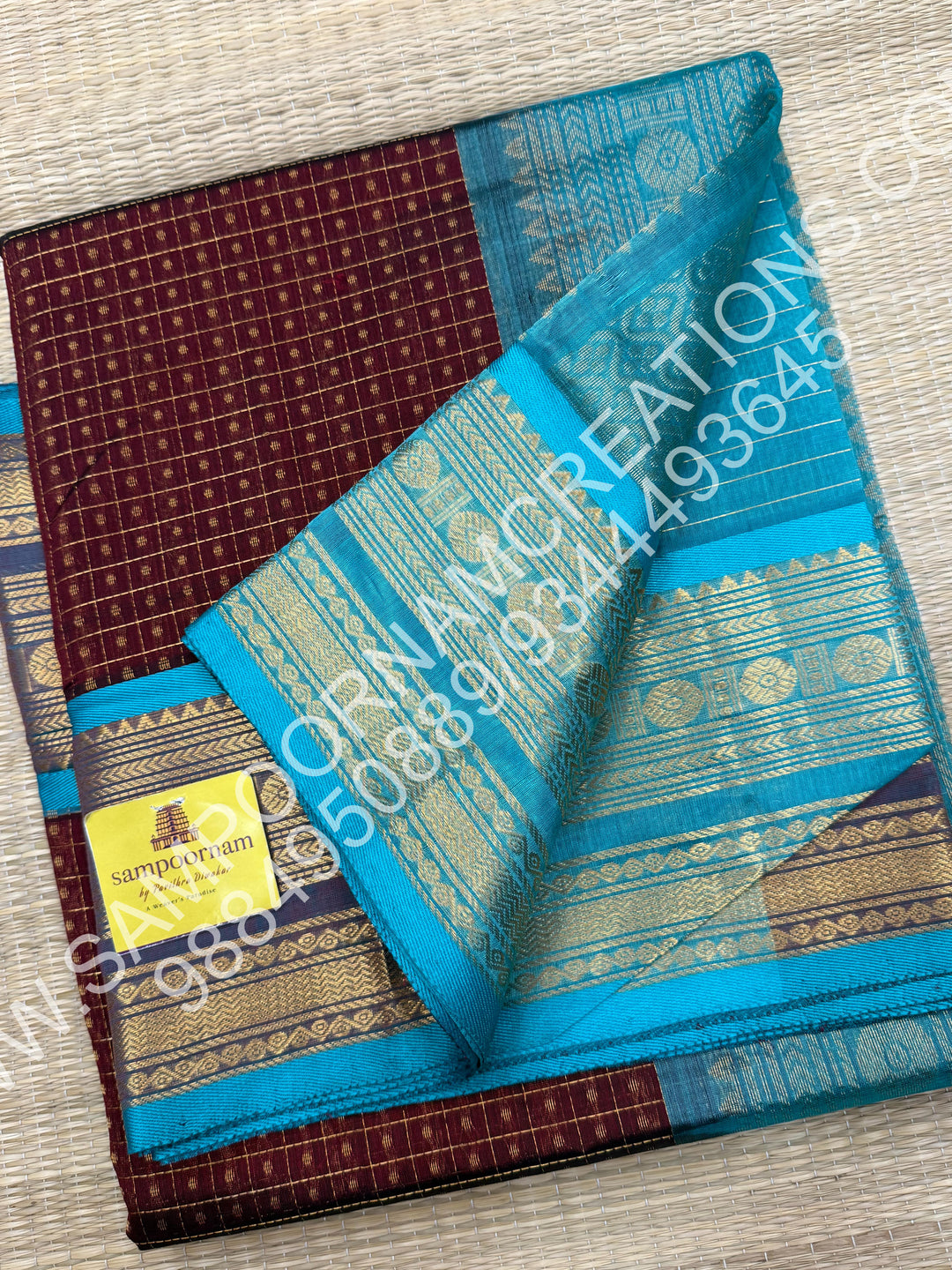 Dark Maroon with Turquoise Blue ,Rich Traditional Borders and Lakshadeepam Zari  Buttas all over the Body and Grand Pallu, Pure Silk Cotton Saree