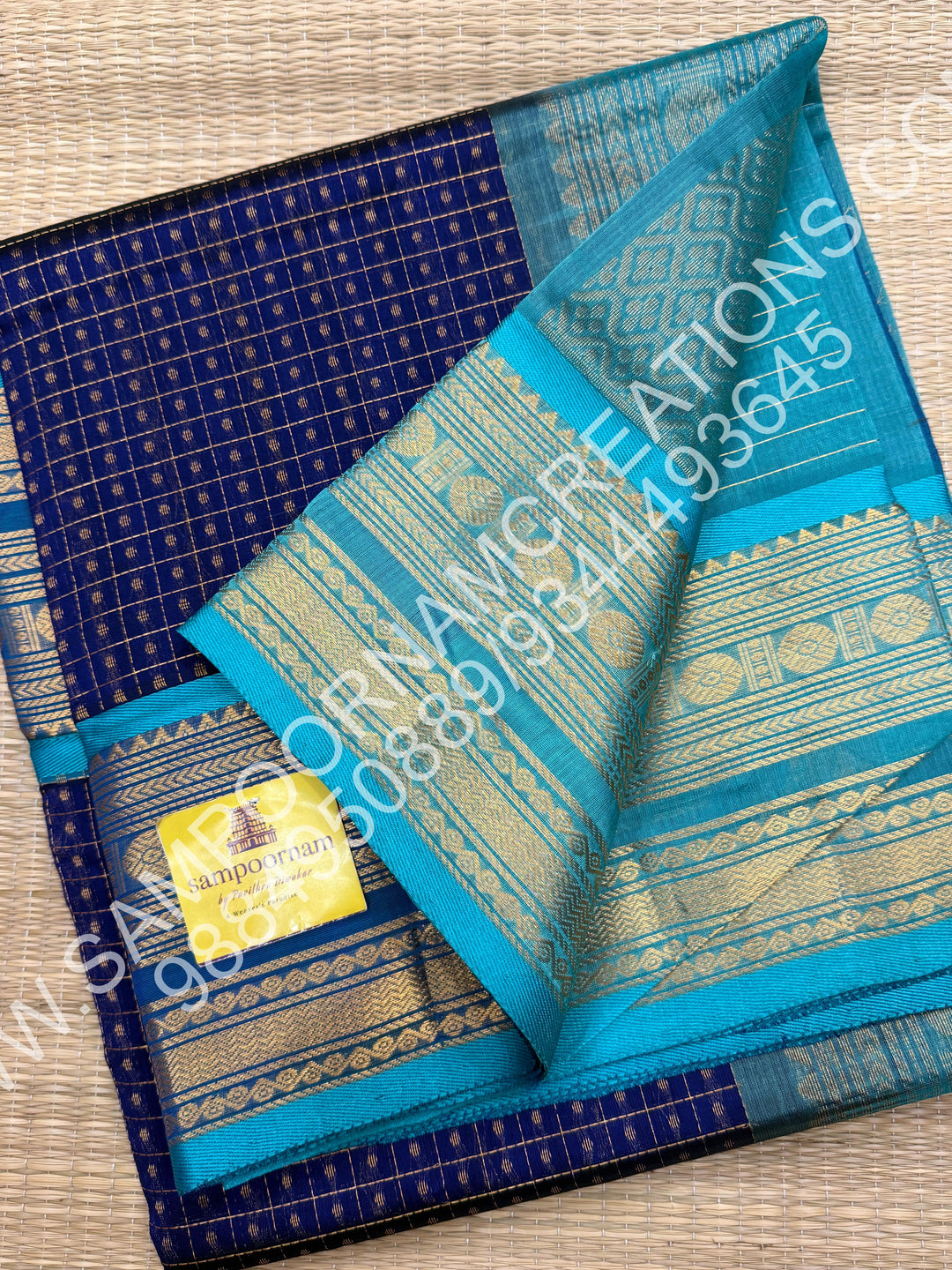Dark Blue with Light Blue, Rich Traditional Borders and Lakshadeepam Zari Buttas all over the Body and Grand Pallu, Pure Silk Cotton Saree