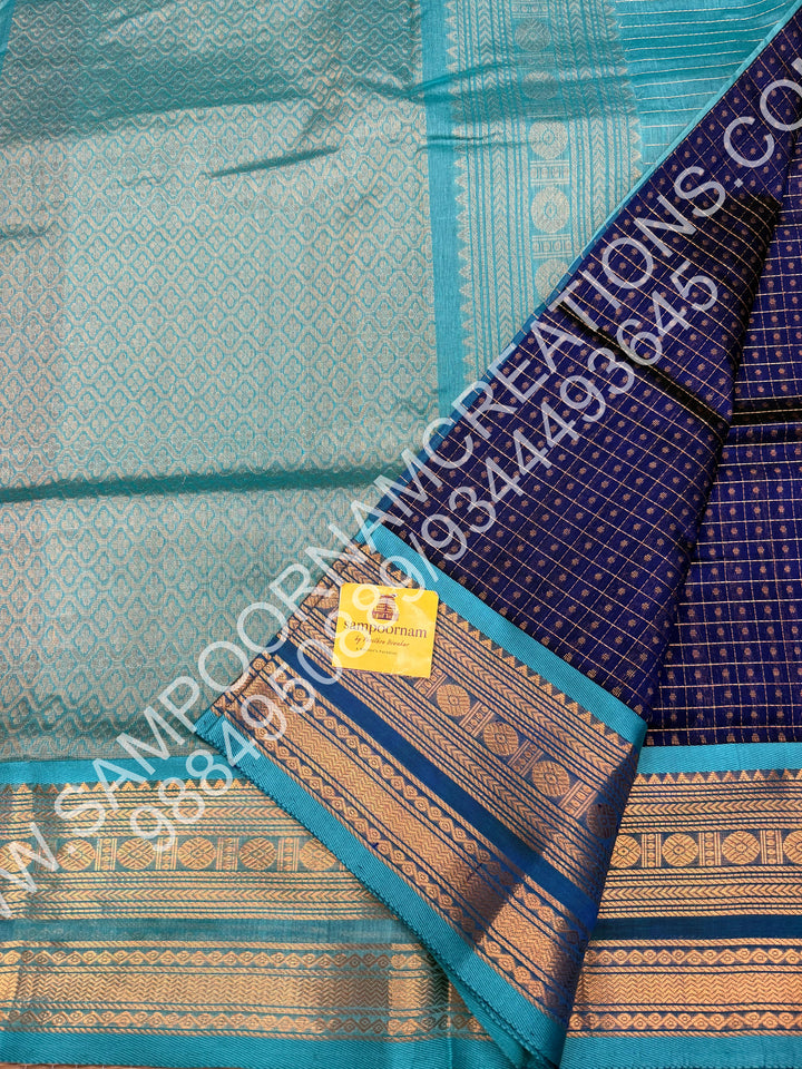 Dark Blue with Light Blue, Rich Traditional Borders and Lakshadeepam Zari Buttas all over the Body and Grand Pallu, Pure Silk Cotton Saree