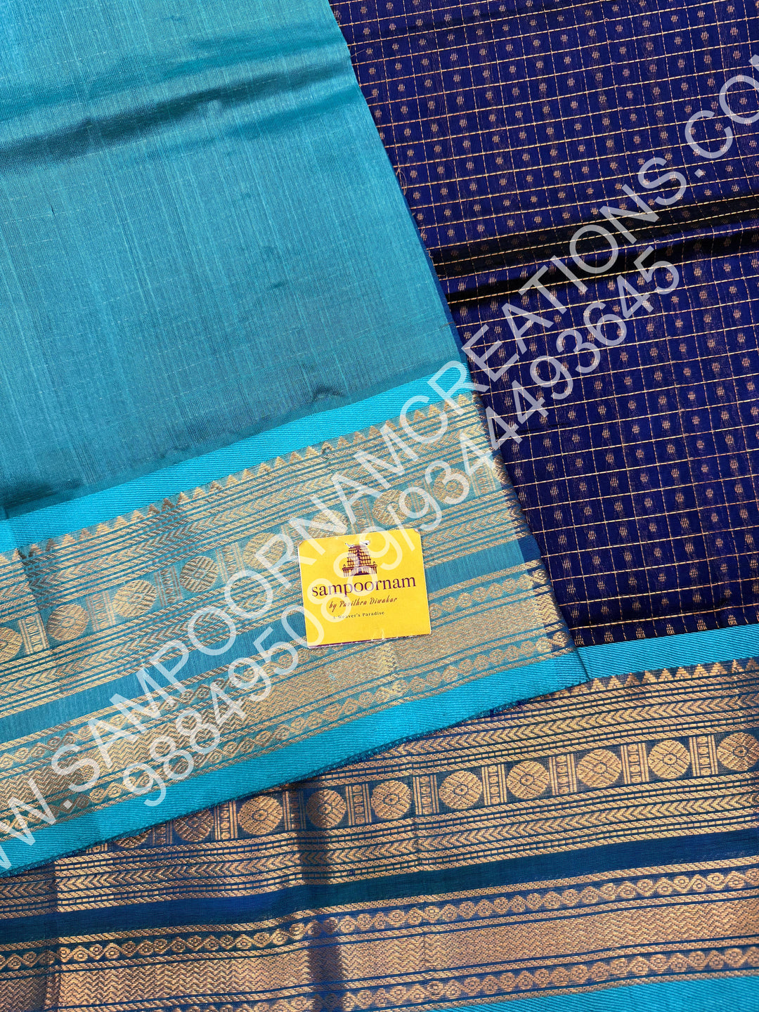Dark Blue with Light Blue, Rich Traditional Borders and Lakshadeepam Zari Buttas all over the Body and Grand Pallu, Pure Silk Cotton Saree