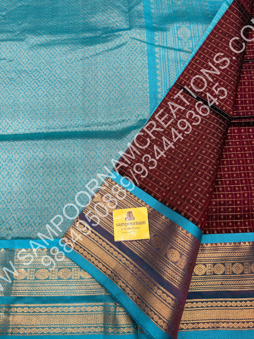 Dark Maroon with Turquoise Blue ,Rich Traditional Borders and Lakshadeepam Zari  Buttas all over the Body and Grand Pallu, Pure Silk Cotton Saree