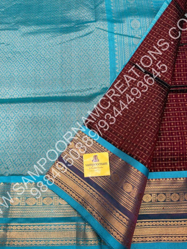 Dark Maroon with Turquoise Blue ,Rich Traditional Borders and Lakshadeepam Zari  Buttas all over the Body and Grand Pallu, Pure Silk Cotton Saree