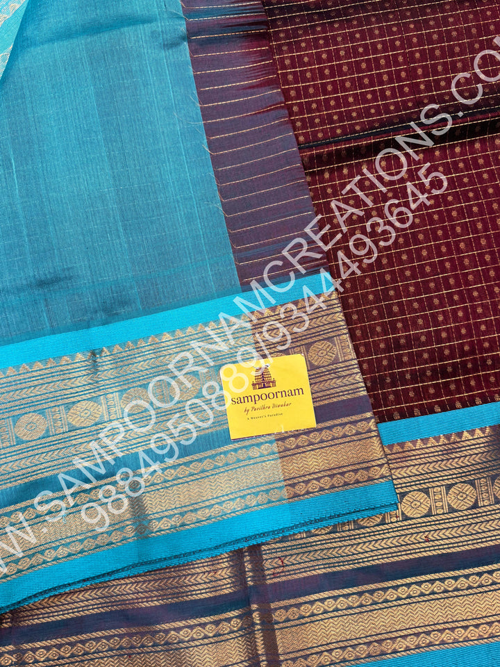 Dark Maroon with Turquoise Blue ,Rich Traditional Borders and Lakshadeepam Zari  Buttas all over the Body and Grand Pallu, Pure Silk Cotton Saree