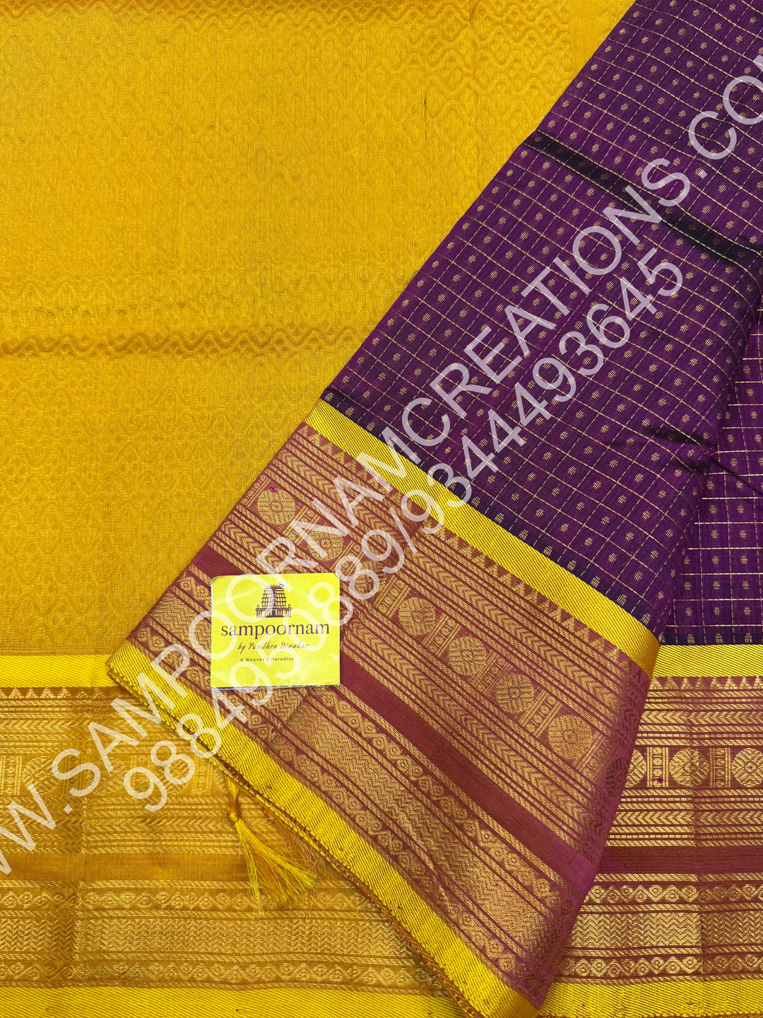 Dark Wine colour with Yellow, Rich Traditional Borders and Lakshadeepam Zari Buttas all over the Body and Grand Pallu, Pure Silk Cotton Saree