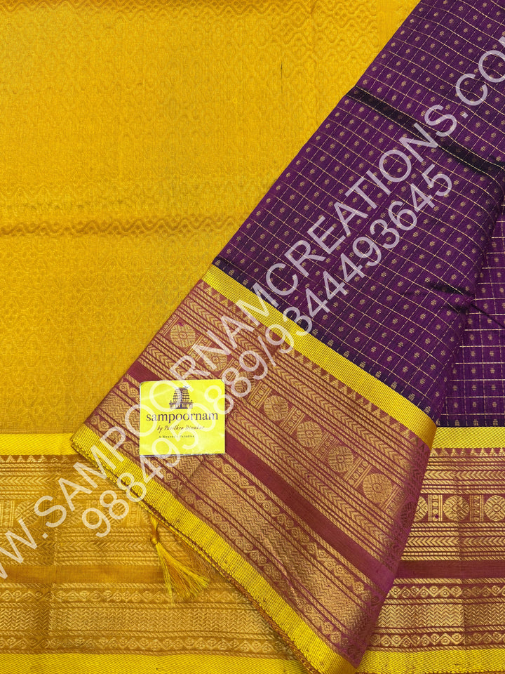 Dark Wine colour with Yellow, Rich Traditional Borders and Lakshadeepam Zari Buttas all over the Body and Grand Pallu, Pure Silk Cotton Saree