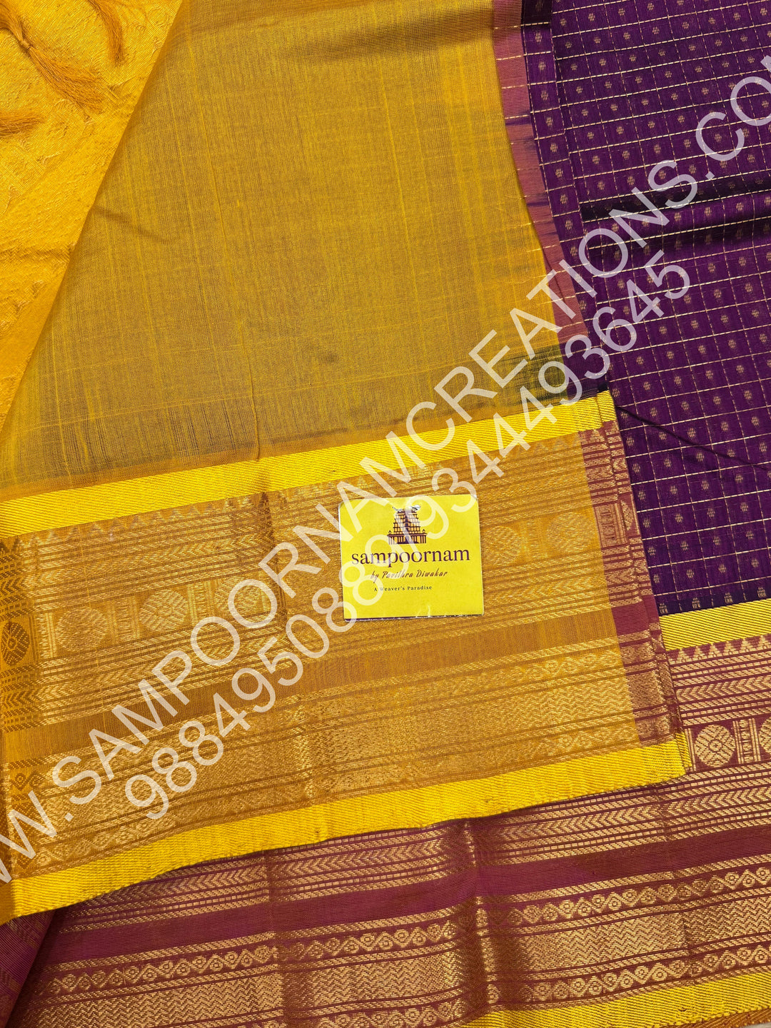 Dark Wine colour with Yellow, Rich Traditional Borders and Lakshadeepam Zari Buttas all over the Body and Grand Pallu, Pure Silk Cotton Saree