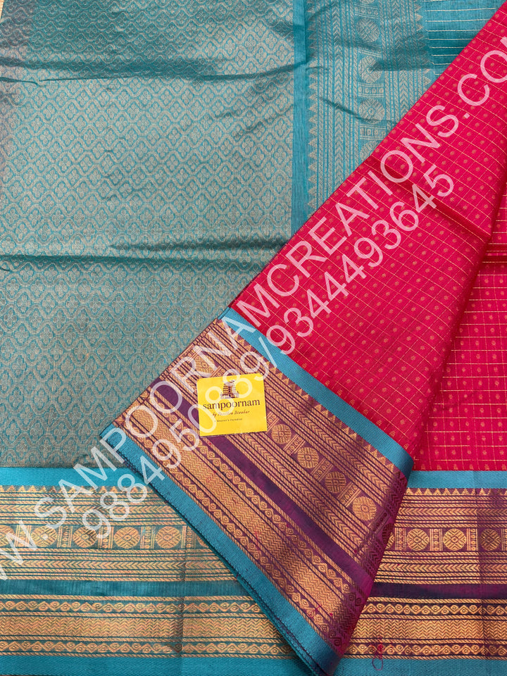 Rose Pink with Turquoise Blue, Rich Traditional Borders and Lakshadeepam Zari Buttas all over the Body and Grand Pallu, Pure Silk Cotton Saree