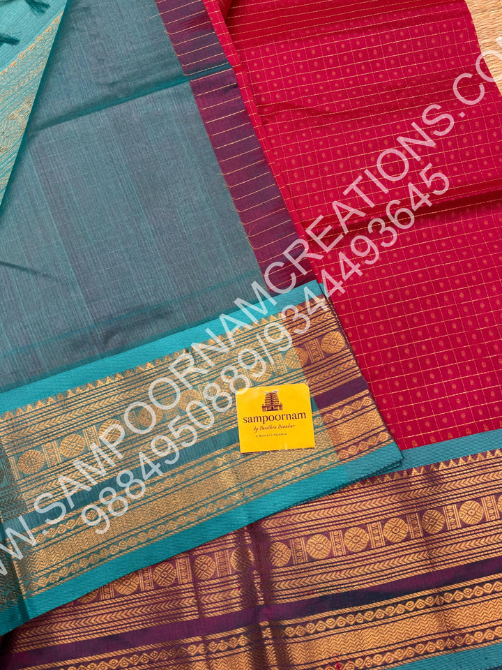 Rose Pink with Turquoise Blue, Rich Traditional Borders and Lakshadeepam Zari Buttas all over the Body and Grand Pallu, Pure Silk Cotton Saree