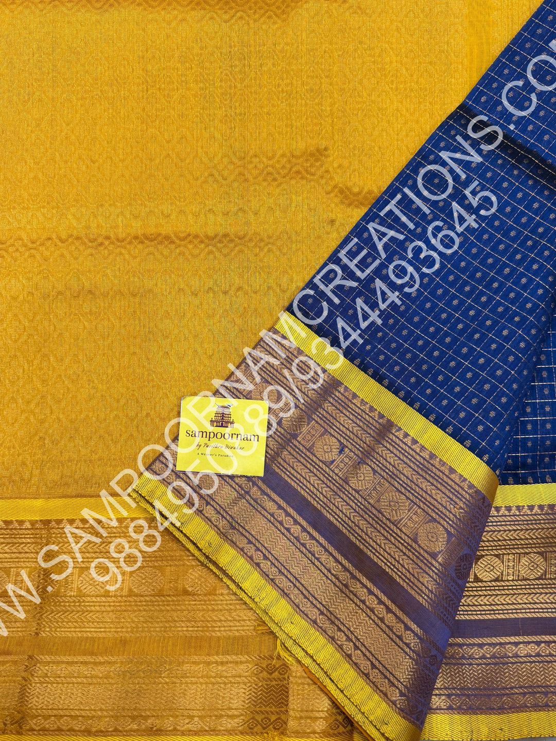 Blue with Lemon Yellow, Rettapet Border and Rich Zari Lakshadeepam Buttas all over the Body and Grand Pallu, Pure Silk Cotton Saree