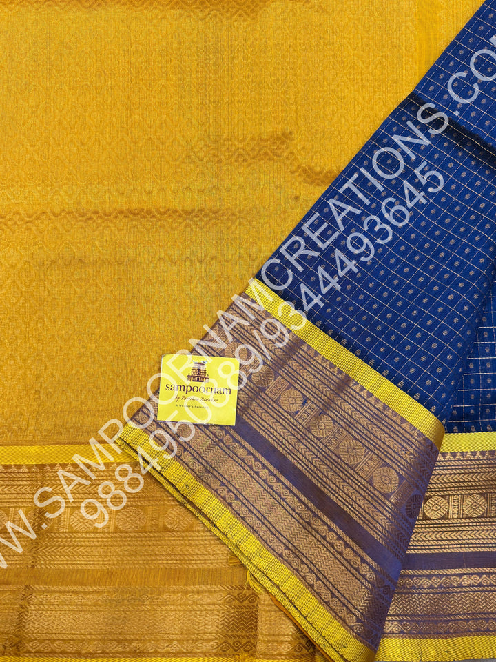 Blue with Lemon Yellow, Rettapet Border and Rich Zari Lakshadeepam Buttas all over the Body and Grand Pallu, Pure Silk Cotton Saree