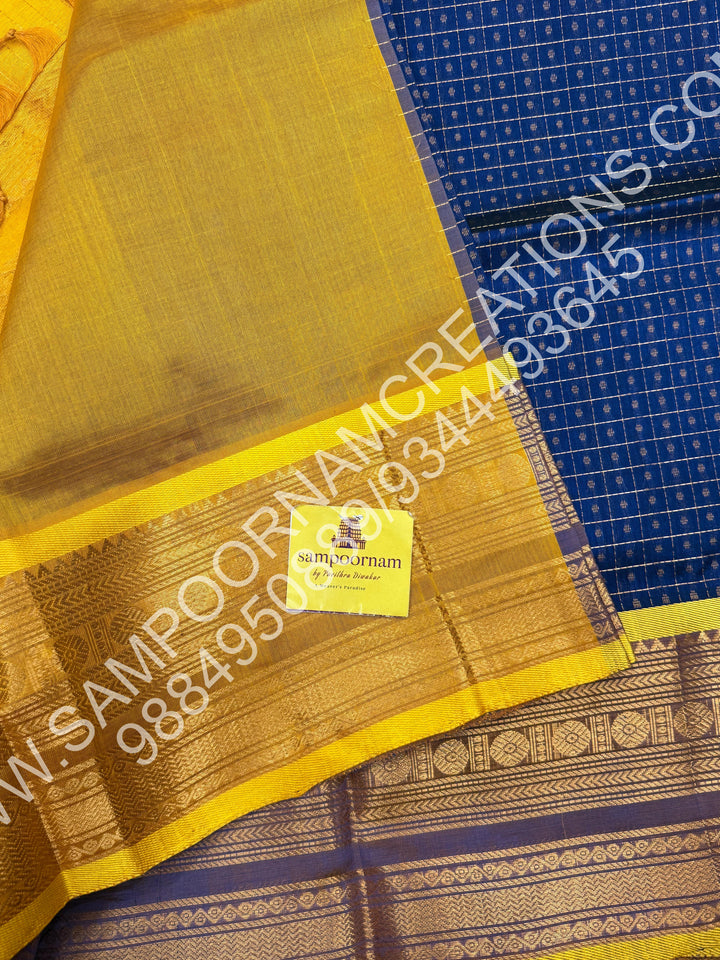 Blue with Lemon Yellow, Rettapet Border and Rich Zari Lakshadeepam Buttas all over the Body and Grand Pallu, Pure Silk Cotton Saree