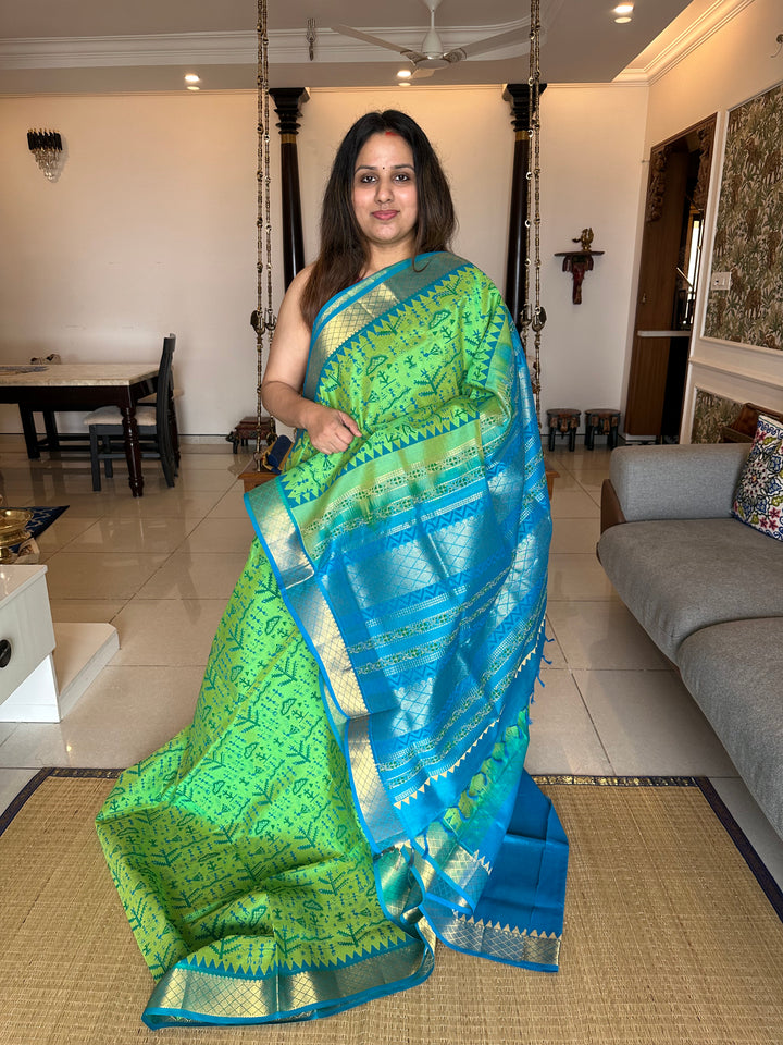 Green With Blue Warli Handblock Printed Silk Cotton Saree