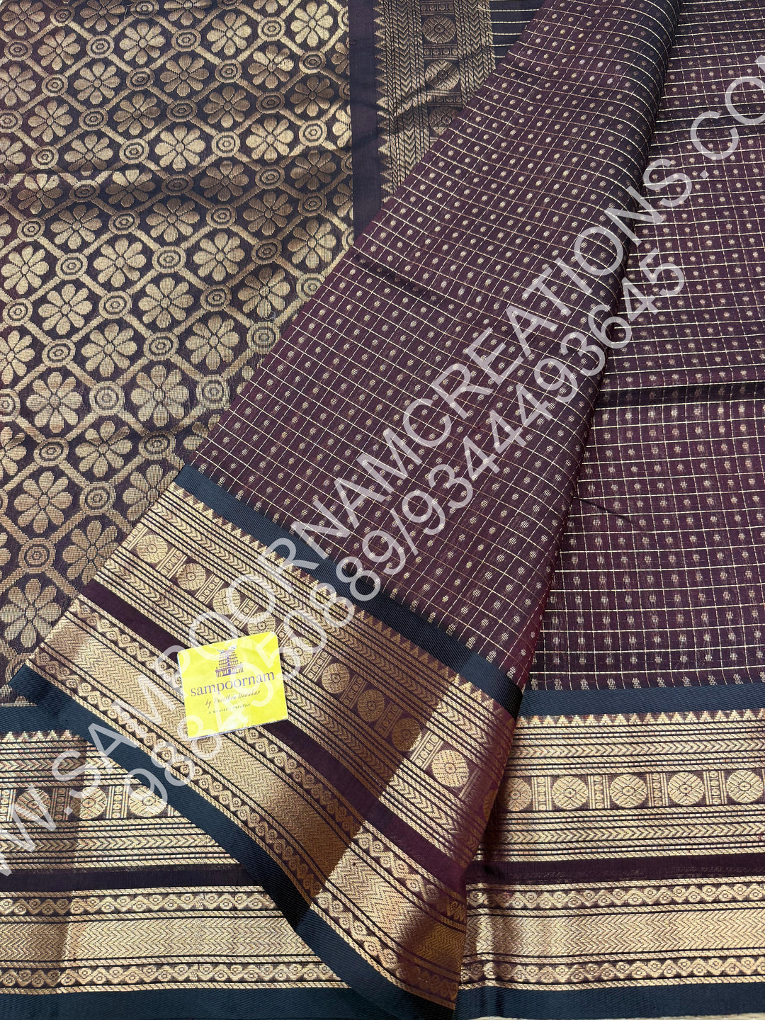 Coffee Brown, Rich Traditional Borders and Lakshadeepam Zari Buttas all over the Body and Grand Pallu, Pure Silk Cotton Saree