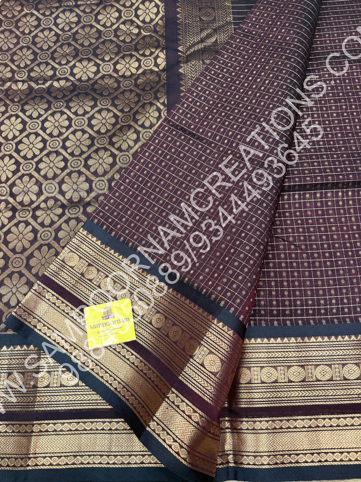 Coffee Brown, Rich Traditional Borders and Lakshadeepam Zari Buttas all over the Body and Grand Pallu, Pure Silk Cotton Saree