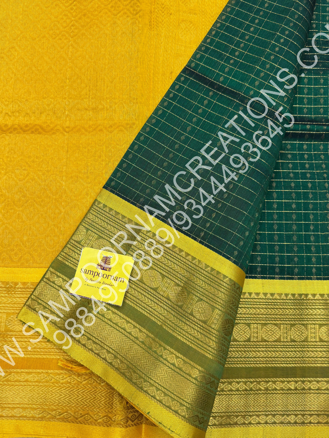Green with Lemon Yellow, Rettapet Border and Rich Zari Lakshadeepam Buttas all over the Body and Grand Pallu, Pure Silk Cotton Saree