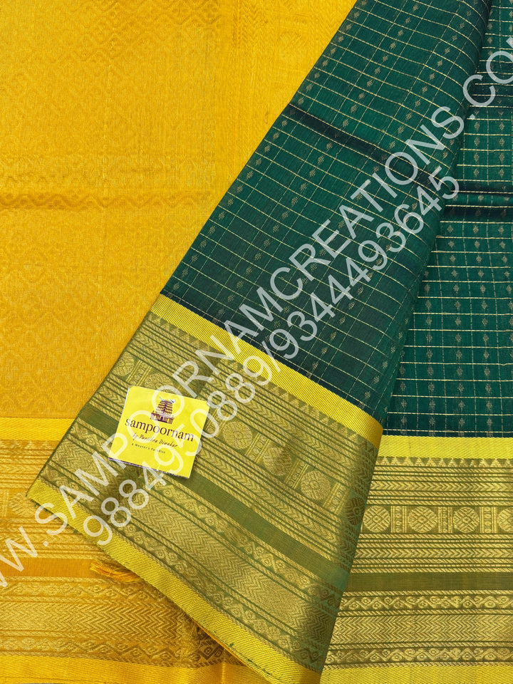 Green with Lemon Yellow, Rettapet Border and Rich Zari Lakshadeepam Buttas all over the Body and Grand Pallu, Pure Silk Cotton Saree