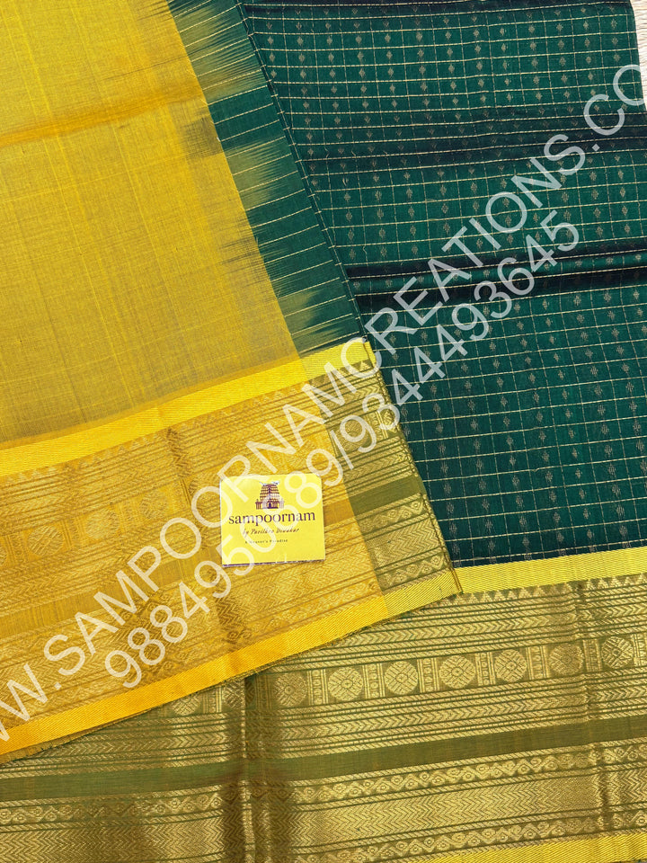 Green with Lemon Yellow, Rettapet Border and Rich Zari Lakshadeepam Buttas all over the Body and Grand Pallu, Pure Silk Cotton Saree