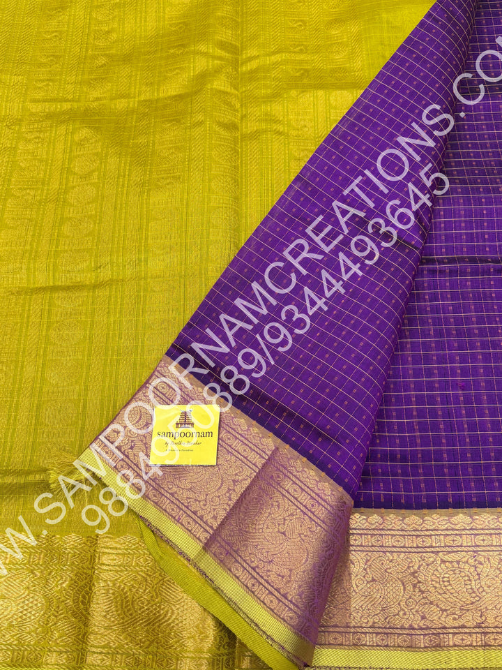 Purple with Lemon Yellow, Rich Traditional Borders and Lakshadeepam Thread Buttas all over the Body and Grand Pallu, Pure Silk Cotton Saree