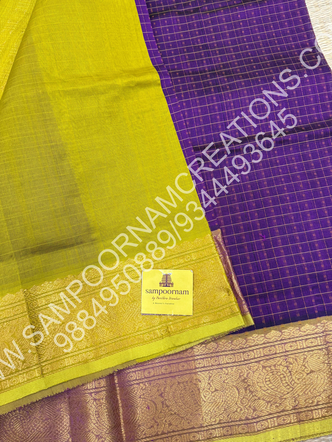 Purple with Lemon Yellow, Rich Traditional Borders and Lakshadeepam Thread Buttas all over the Body and Grand Pallu, Pure Silk Cotton Saree