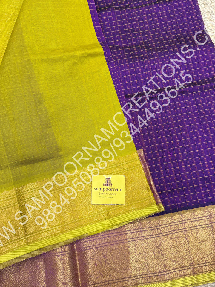 Purple with Lemon Yellow, Rich Traditional Borders and Lakshadeepam Thread Buttas all over the Body and Grand Pallu, Pure Silk Cotton Saree