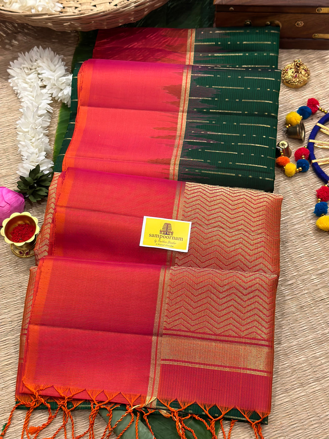 Dark Green with Orangish Red Rain Drop Pattern Pure Soft Silk Saree