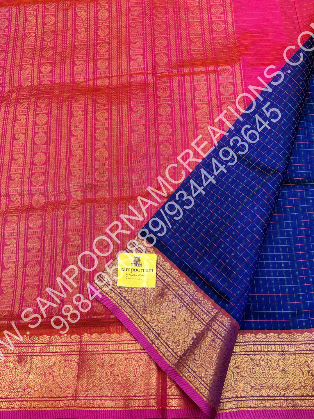 Blue with Pink, Rich Traditional Borders and Lakshadeepam Thread Buttas all over the Body and Grand Pallu, Pure Silk Cotton Saree