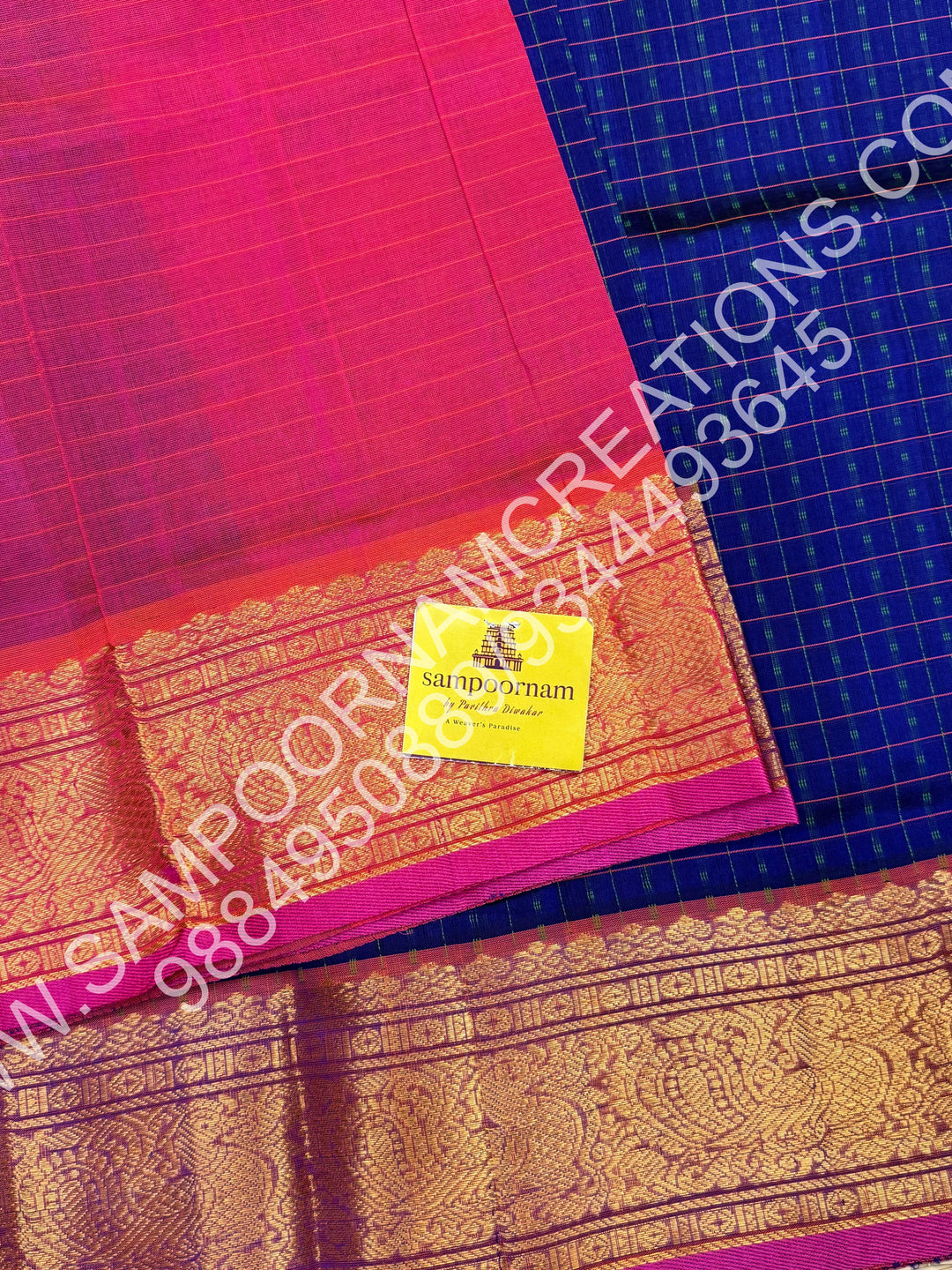 Blue with Pink, Rich Traditional Borders and Lakshadeepam Thread Buttas all over the Body and Grand Pallu, Pure Silk Cotton Saree