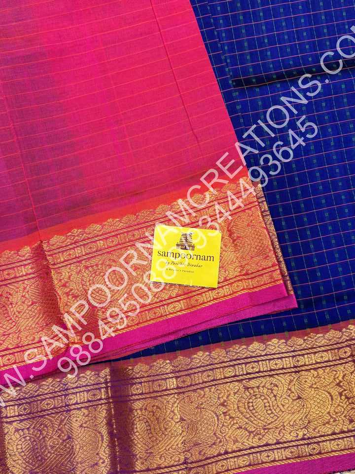 Blue with Pink, Rich Traditional Borders and Lakshadeepam Thread Buttas all over the Body and Grand Pallu, Pure Silk Cotton Saree