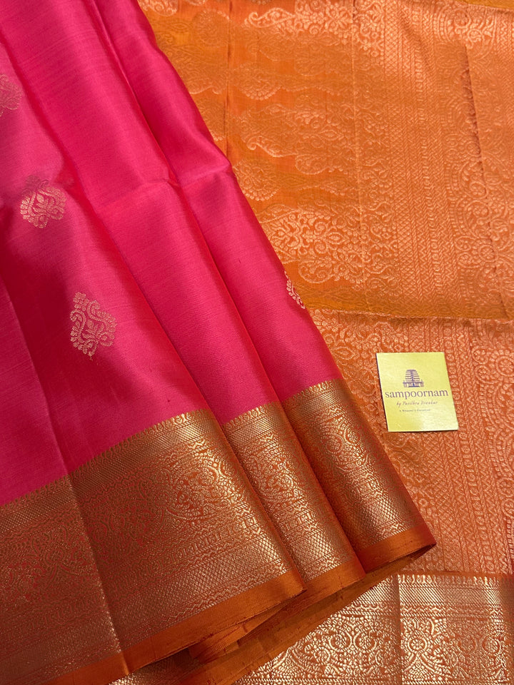 Dark Pink with Orange , Rich Zari Border and Grand Pallu with Rich Butta Pure Soft Silk Saree