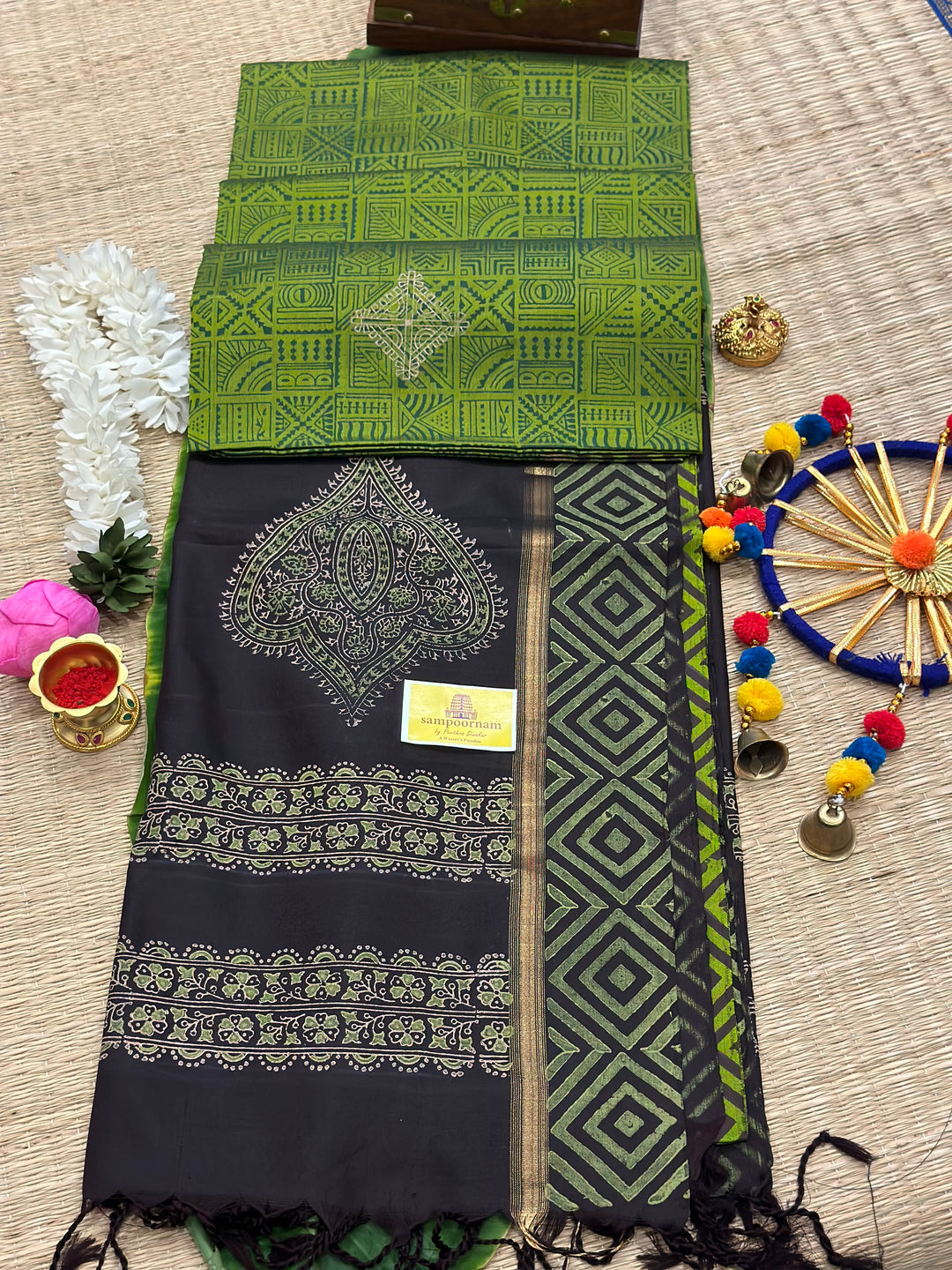 Green with Black Handblock Printed Pure Soft Silk Saree