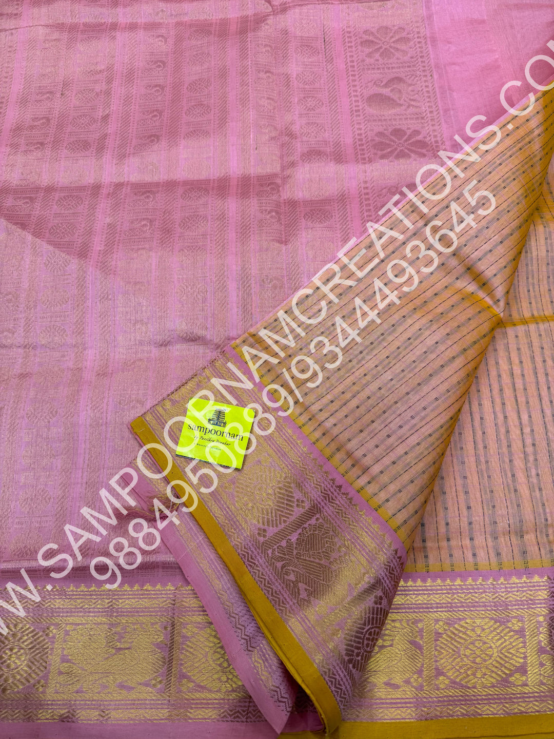 Peach Pink, Rich Traditional Borders and Lakshadeepam Thread Buttas all over the Body and Grand Pallu, Pure Silk Cotton Saree