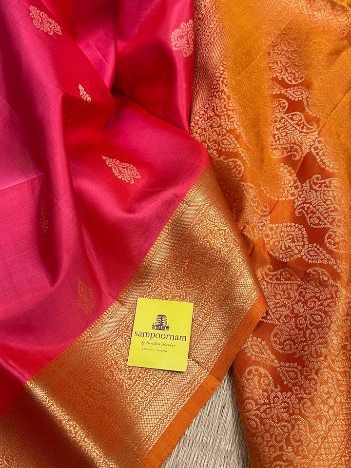 Dark Pink with Orange , Rich Zari Border and Grand Pallu with Rich Butta Pure Soft Silk Saree