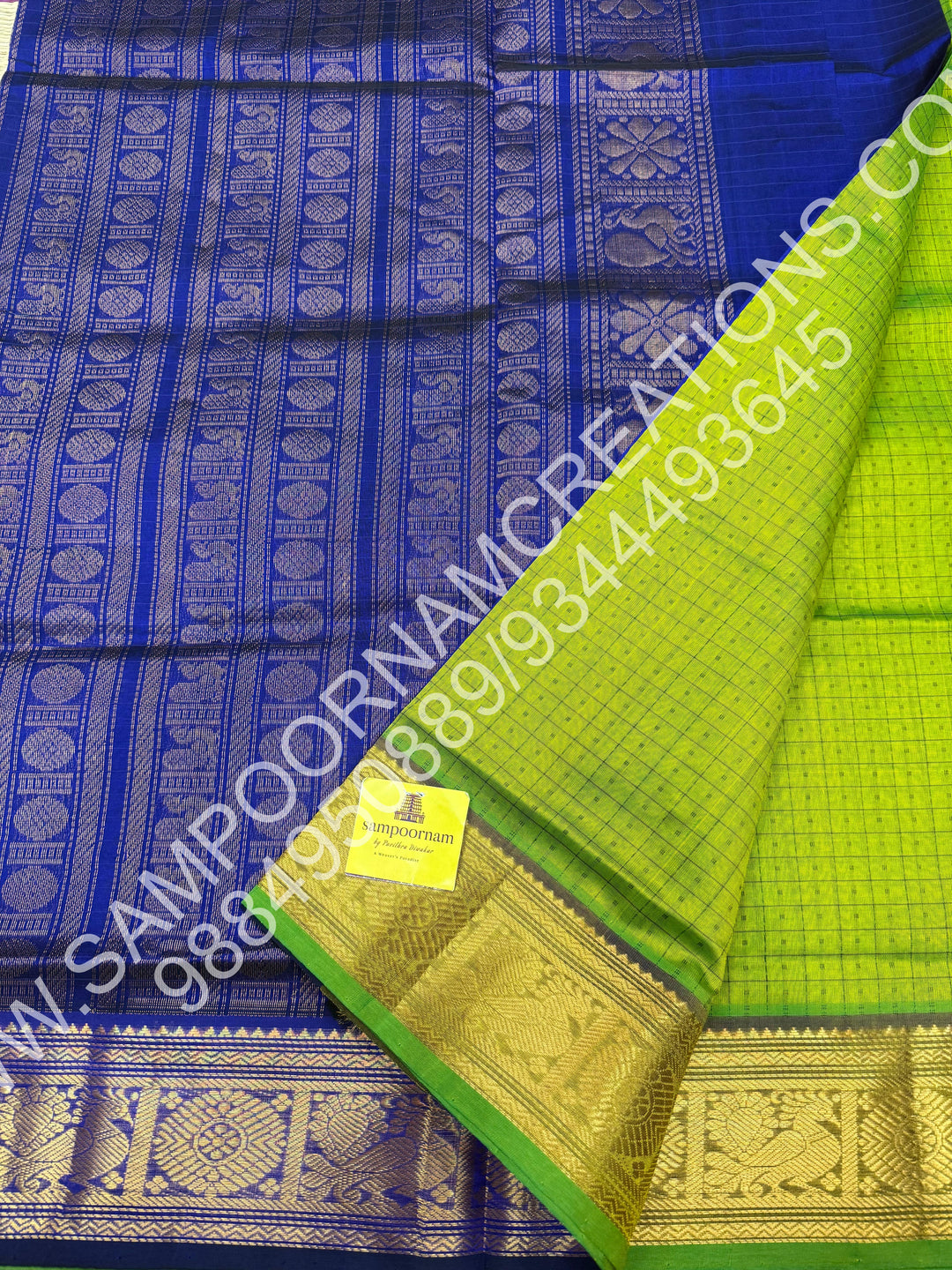 Leaf Green with Blue, Rich Traditional Borders and Lakshadeepam Thread Buttas all over the Body and Grand Pallu, Pure Silk Cotton Saree