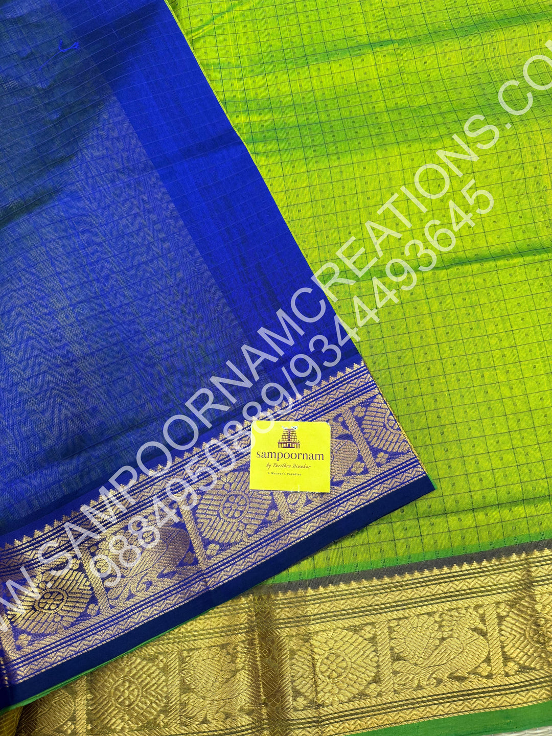 Leaf Green with Blue, Rich Traditional Borders and Lakshadeepam Thread Buttas all over the Body and Grand Pallu, Pure Silk Cotton Saree