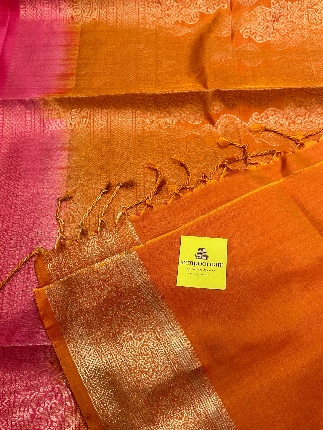 Dark Pink with Orange , Rich Zari Border and Grand Pallu with Rich Butta Pure Soft Silk Saree