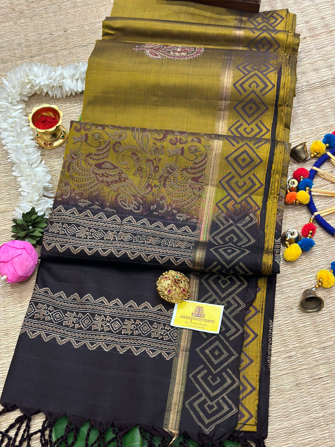 Olive Green with Black Handblock Printed Pure Soft Silk Saree