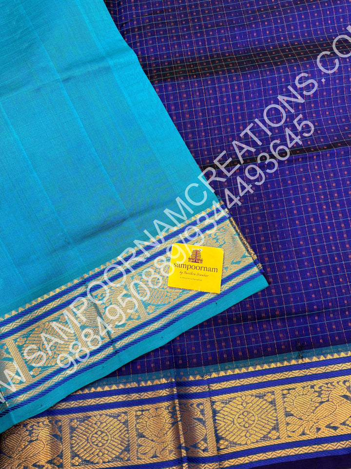 Dark Blue with Light Blue, Rich Traditional Borders and Lakshadeepam Thread Buttas all over the Body and Grand Pallu, Pure Silk Cotton Saree