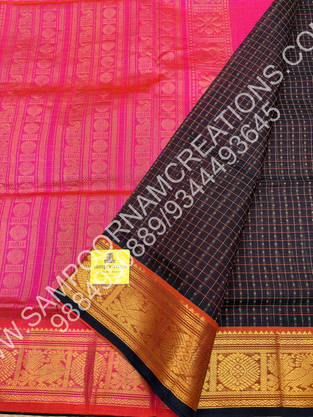 Coffee Brown with Pink, Rich Traditional Borders and Lakshadeepam Thread Buttas all over the Body and Grand Pallu, Pure Silk Cotton Saree