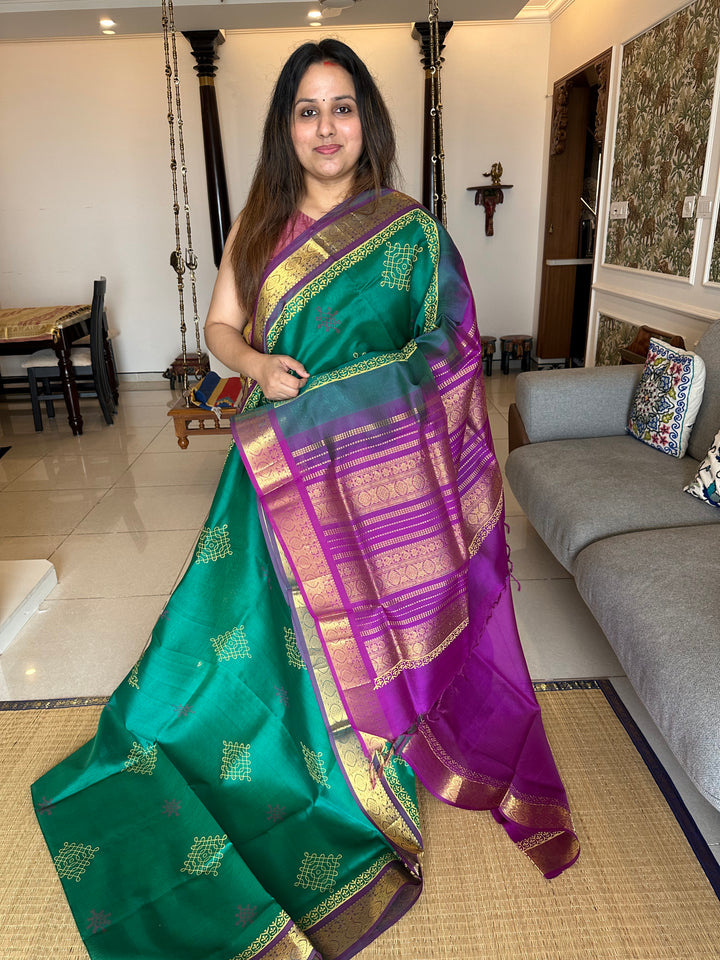 Green with Purple Kolam Handblock Printed Silk Cotton Saree