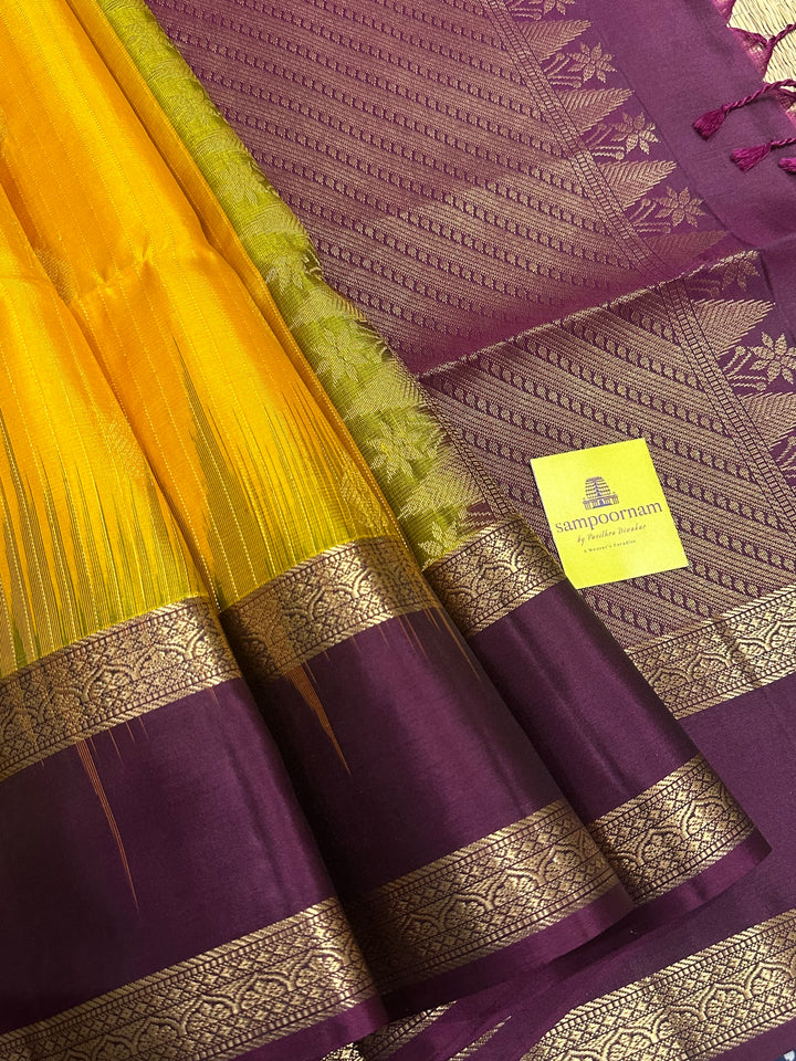 Mambazha Manjal with Purple Rettapet Border and Zari Lines and Butta in the Body Rich Pallu Pure Soft Silk Saree