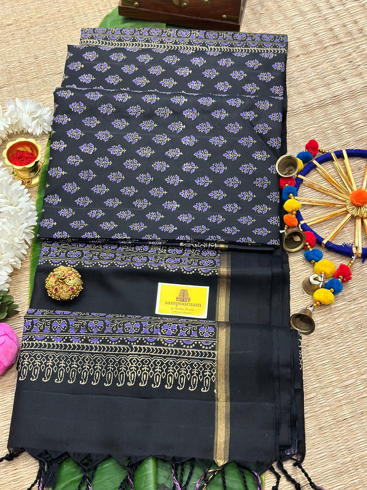 Black Handblock Printed Pure Soft Silk Saree