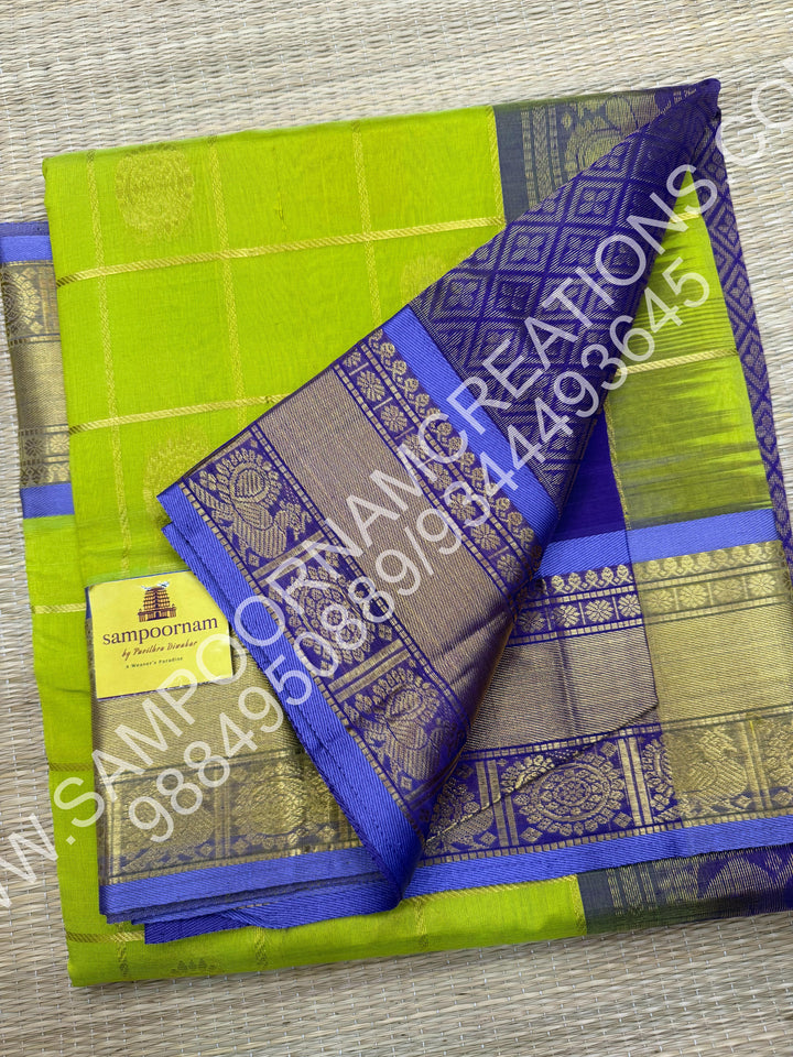 Leaf Green with Lavender, Rich Mayil and Chakram Butta in the Body with Zari Checks, Traditional Borders and Rich Pallu, Pure Silk Cotton Saree