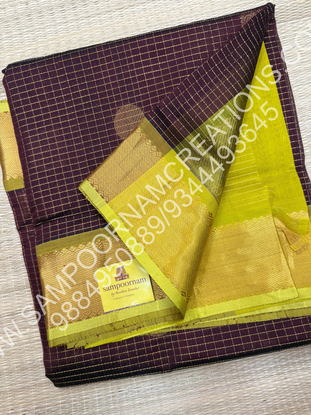 Brown with Lemon Yellow, Rich Mayil and Chakram Butta in the Body with Zari Checks, Traditional Borders and Rich Pallu, Pure Silk Cotton Saree