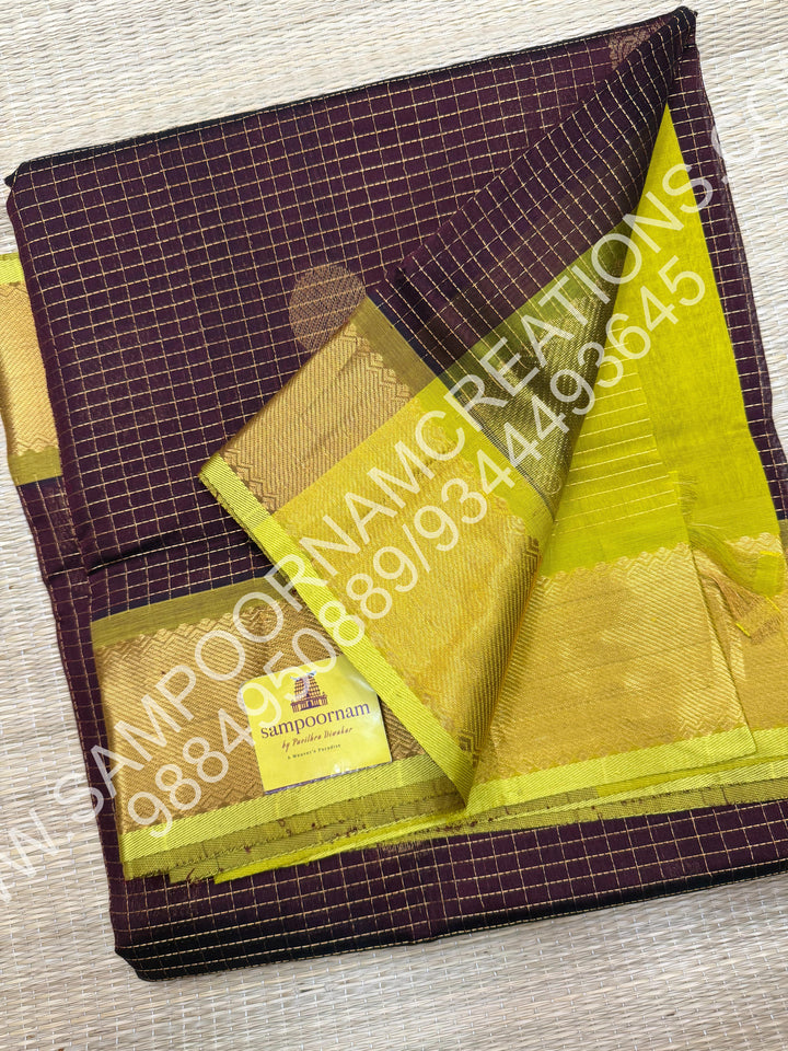 Brown with Lemon Yellow, Rich Mayil and Chakram Butta in the Body with Zari Checks, Traditional Borders and Rich Pallu, Pure Silk Cotton Saree