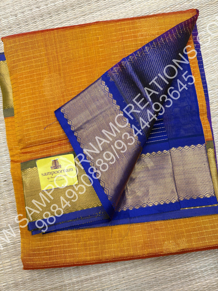 Goldish Yellow with Blue, Rich Mayil and Chakram Butta in the Body with Zari Checks, Traditional Borders and Rich Pallu, Pure Silk Cotton Saree