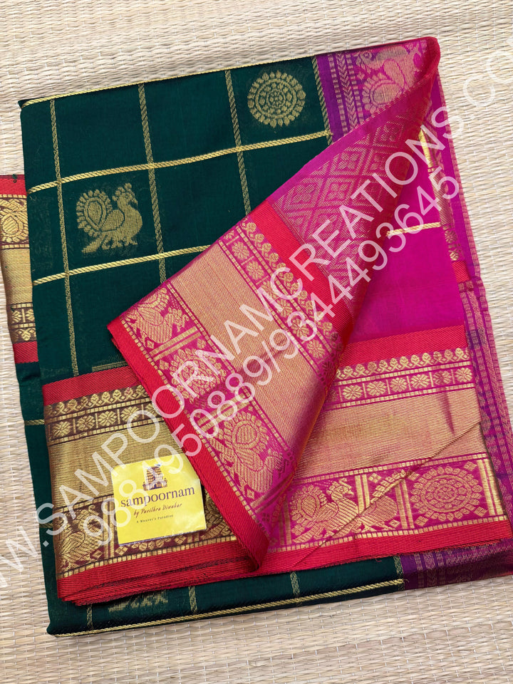 Green with Magenta, Rich Mayil and Chakram Butta in the Body with Zari Checks, Traditional Borders and Rich Pallu, Pure Silk Cotton Saree
