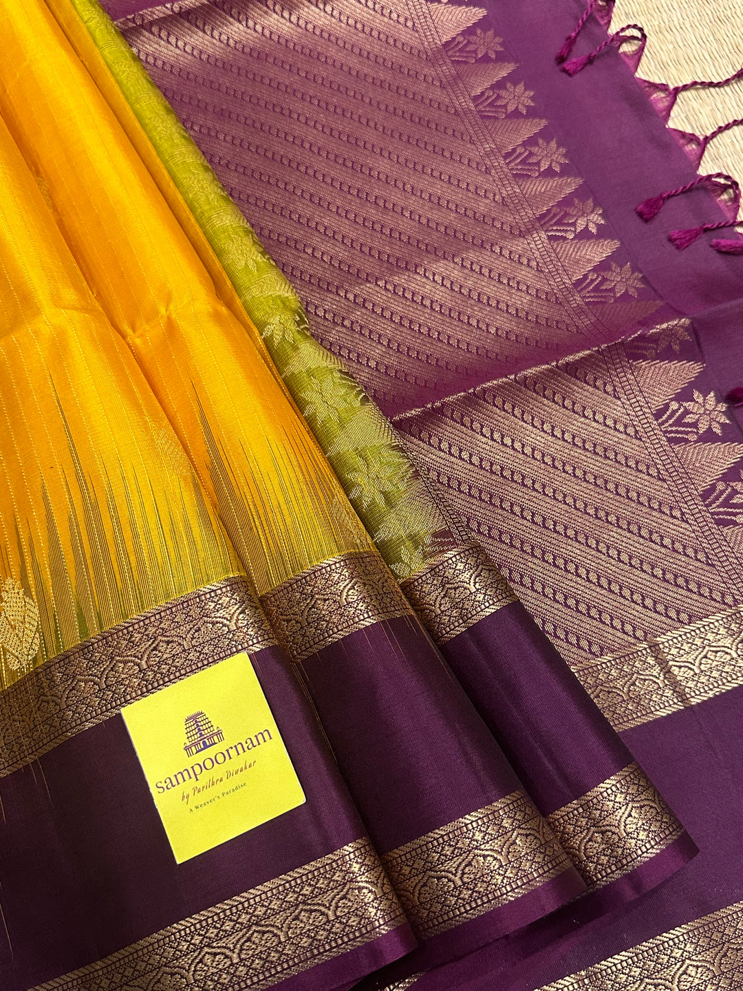 Mambazha Manjal with Purple Rettapet Border and Zari Lines and Butta in the Body Rich Pallu Pure Soft Silk Saree