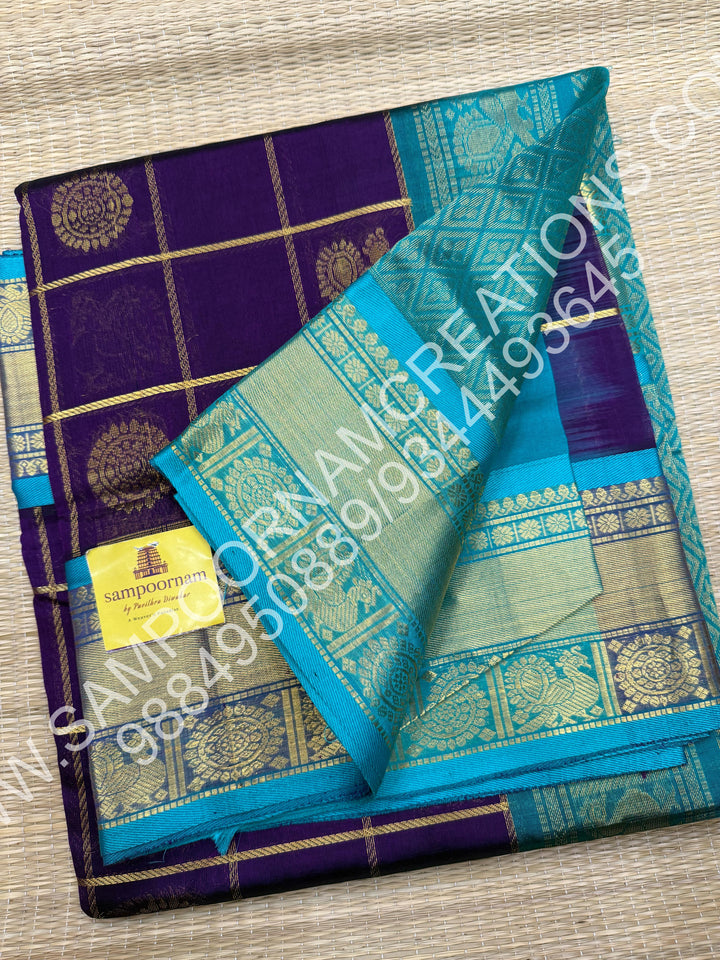 Dark Blue with Light Blue, Rich Mayil and Chakram Butta in the Body with Zari Checks, Traditional Borders and Rich Pallu, Pure Silk Cotton Saree