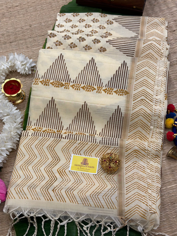 Offwhite Handblock Printed Pure Soft Silk Saree